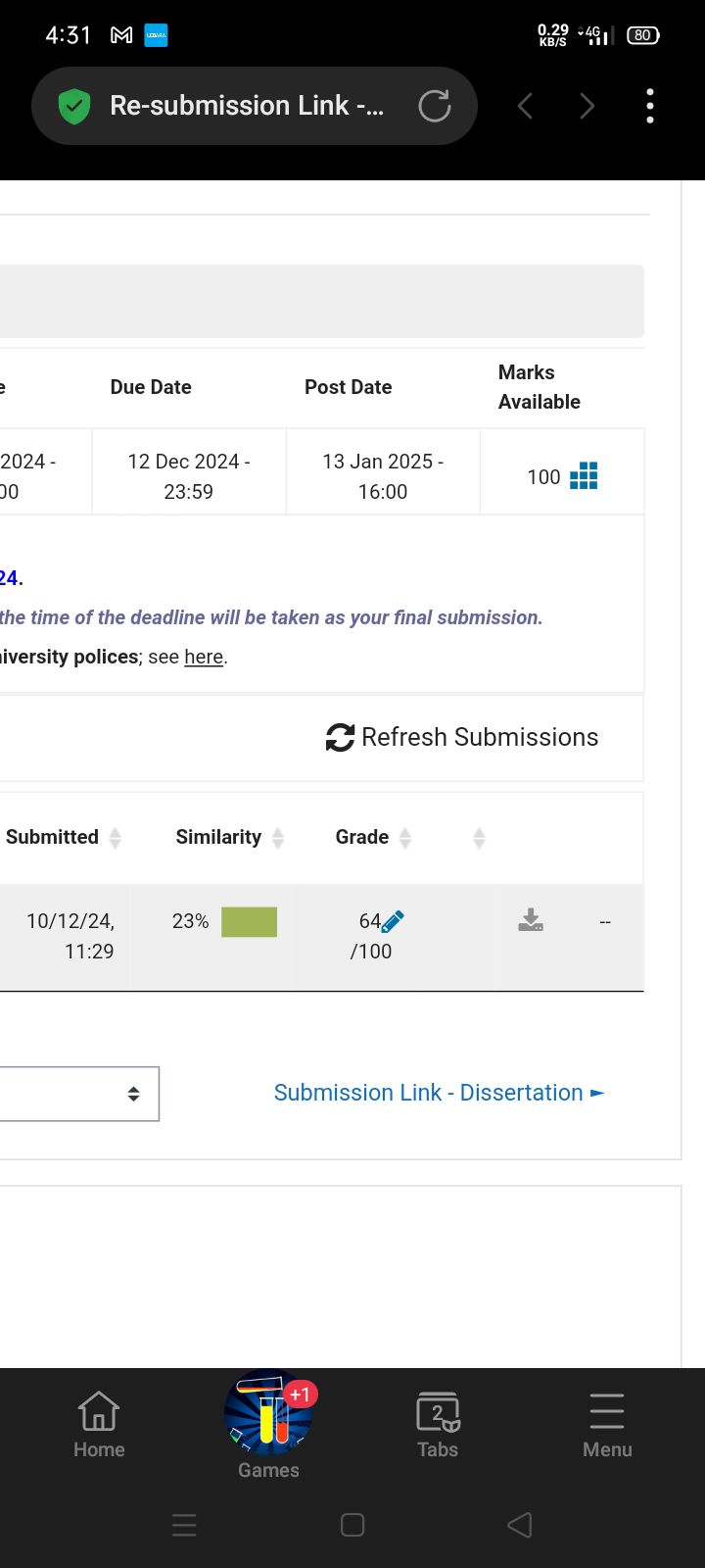 Screenshot with grade 64/100
